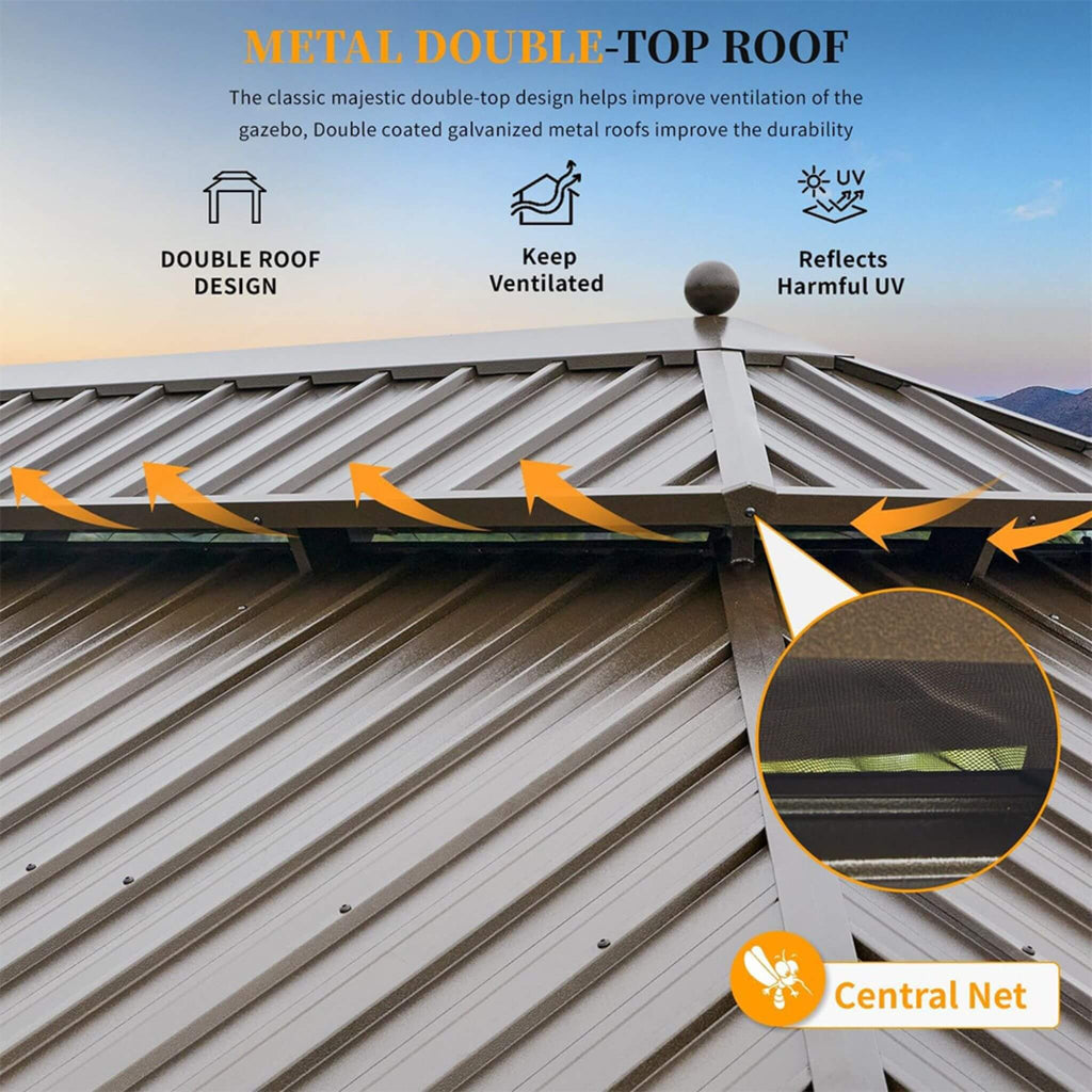 [14X24FT] Alora Heavy-Duty Aluminum Galvanized Steel Double Roof Hardtop Gazebo With Netting And Curtains (SAK41853) - Saksby Wholesale - Metal Double Top Roof Feature View