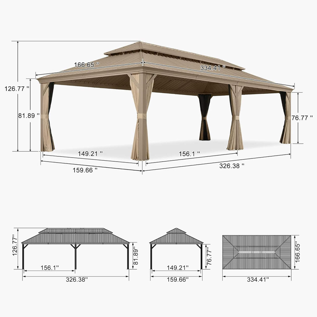 [14X28FT] Extra-Large Hardtop Gazebo With Galvanized Steel Double Roof, Curtains And Netting (SAK85731) - Saksby Wholesale - Dimensions