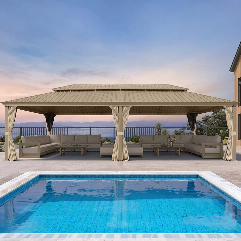 [14X28FT] Extra-Large Hardtop Gazebo With Galvanized Steel Double Roof, Curtains And Netting (SAK85731) - Saksby Wholesale - Lifestyle In Backyard