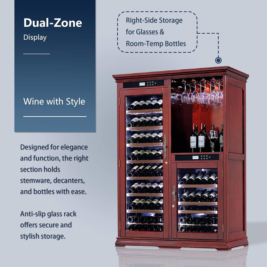 158-Bottle Wooden Wine Cooler Cabinet With Adjustable Temperature And Vacuum Insulation Doors (SAK91827) - Saksby Wholesale - Dual Zone