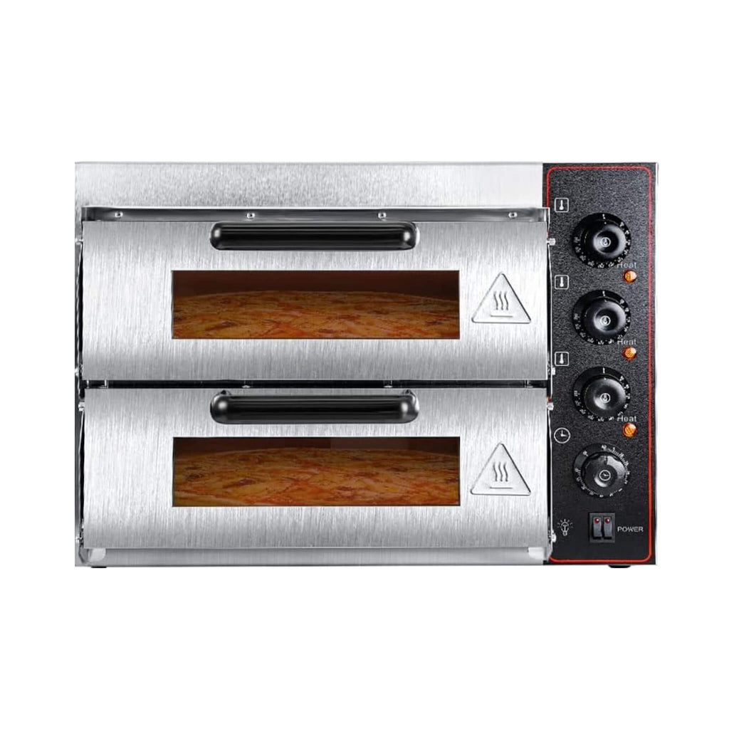 16-Inch Commercial Stainless Steel Double Deck 3000W 110V Electric Pizza Oven (SAK85429) - Saksby Wholesale - Front View With Pizza Inside