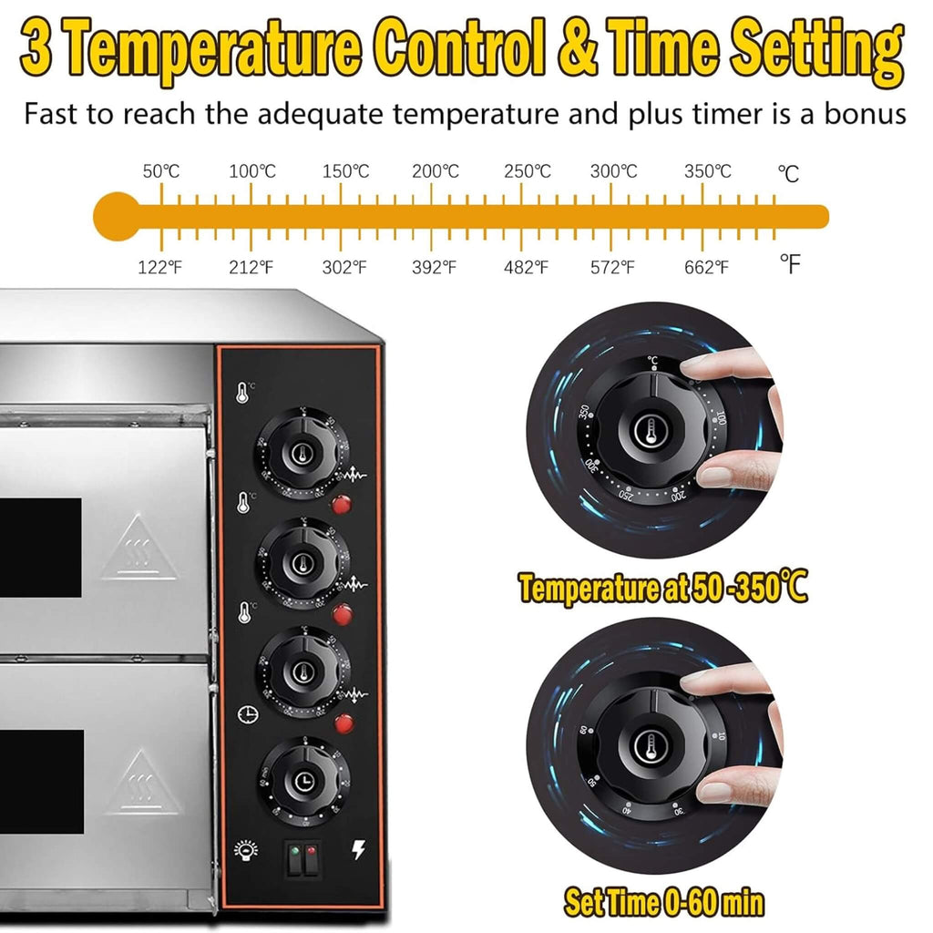 16-Inch Commercial Stainless Steel Double Deck 3000W 110V Electric Pizza Oven (SAK85429) - Saksby Wholesale - Temperature And Control Settings