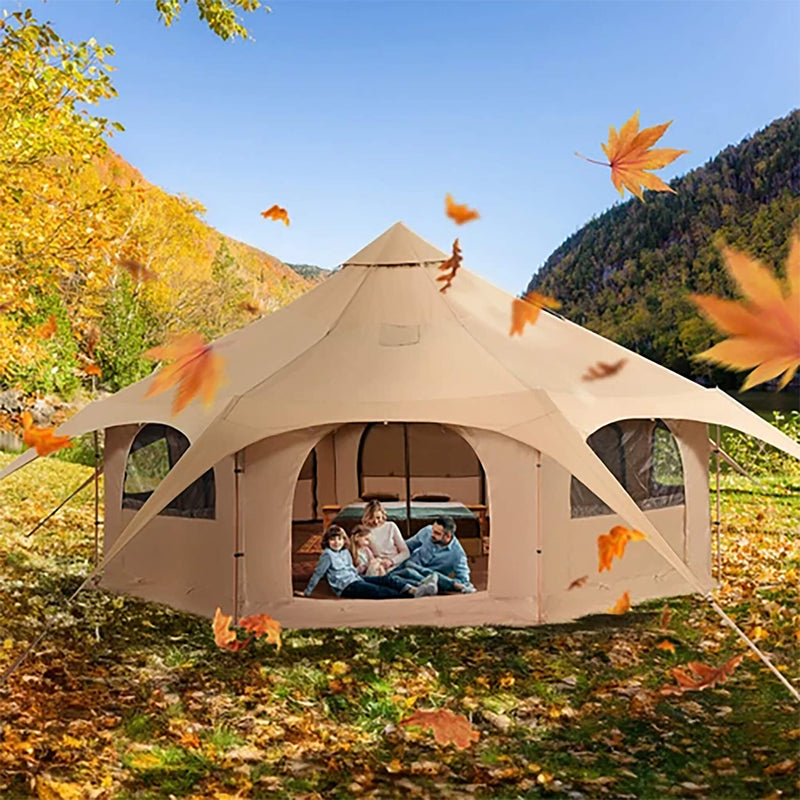 16ft Large Premium 4-Season 8-Person Bell Yurt Tent with Stove Jack - Lifestyle with People Inside