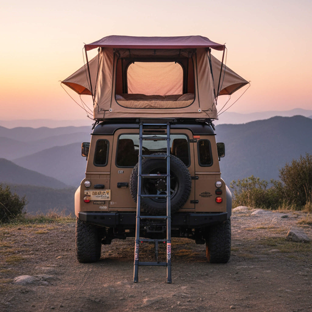 2-3 Person Hard Shell Aluminum Rooftop Tent With LED Light Strip And Memory Foam Mattress (SAK26814) - Saksby Wholesale - Lifestyle Front View On SUV In Front Of Mountians