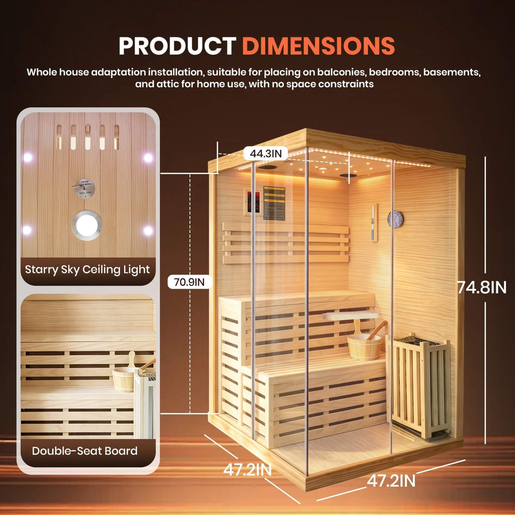 2-Person 3000W Chilean Pine Sauna Room With Starry Lights (SAK13795) - Saksby Wholesale - Dimensions