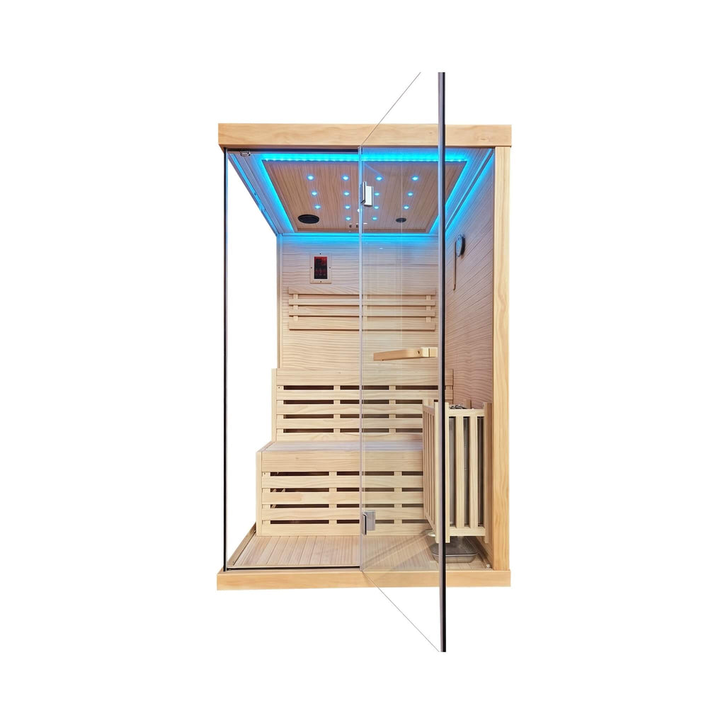 2-Person 3000W Chilean Pine Sauna Room With Starry Lights (SAK13795) - Saksby Wholesale - Front View In Blue Starry Light