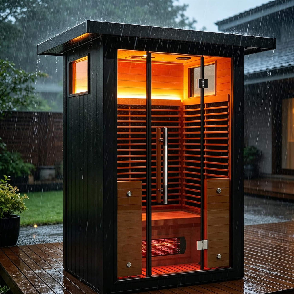 2-Person Outdoor Full-Spectrum Infrared Sauna With WiFi (SAK14973) - Saksby Wholesale - Front Right View On Patio In Rain
