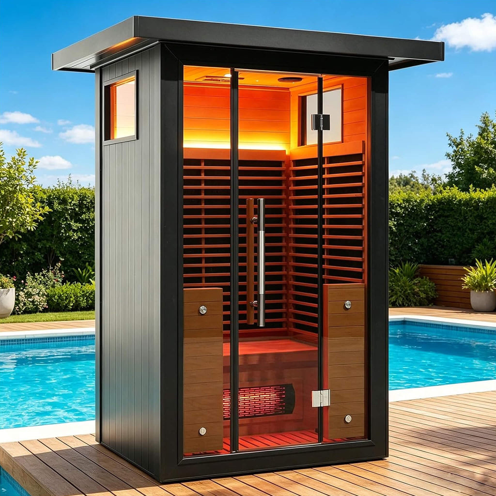 2-Person Outdoor Full-Spectrum Infrared Sauna With WiFi (SAK14973) - Saksby Wholesale - Front Right View On Patio