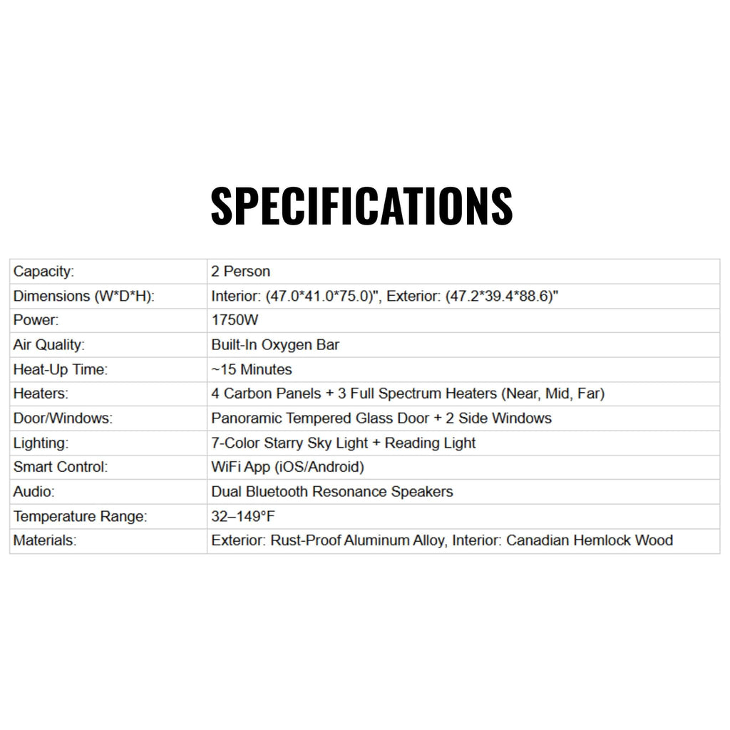 2-Person Outdoor Full-Spectrum Infrared Sauna With WiFi (SAK14973) - Saksby Wholesale - Specifications