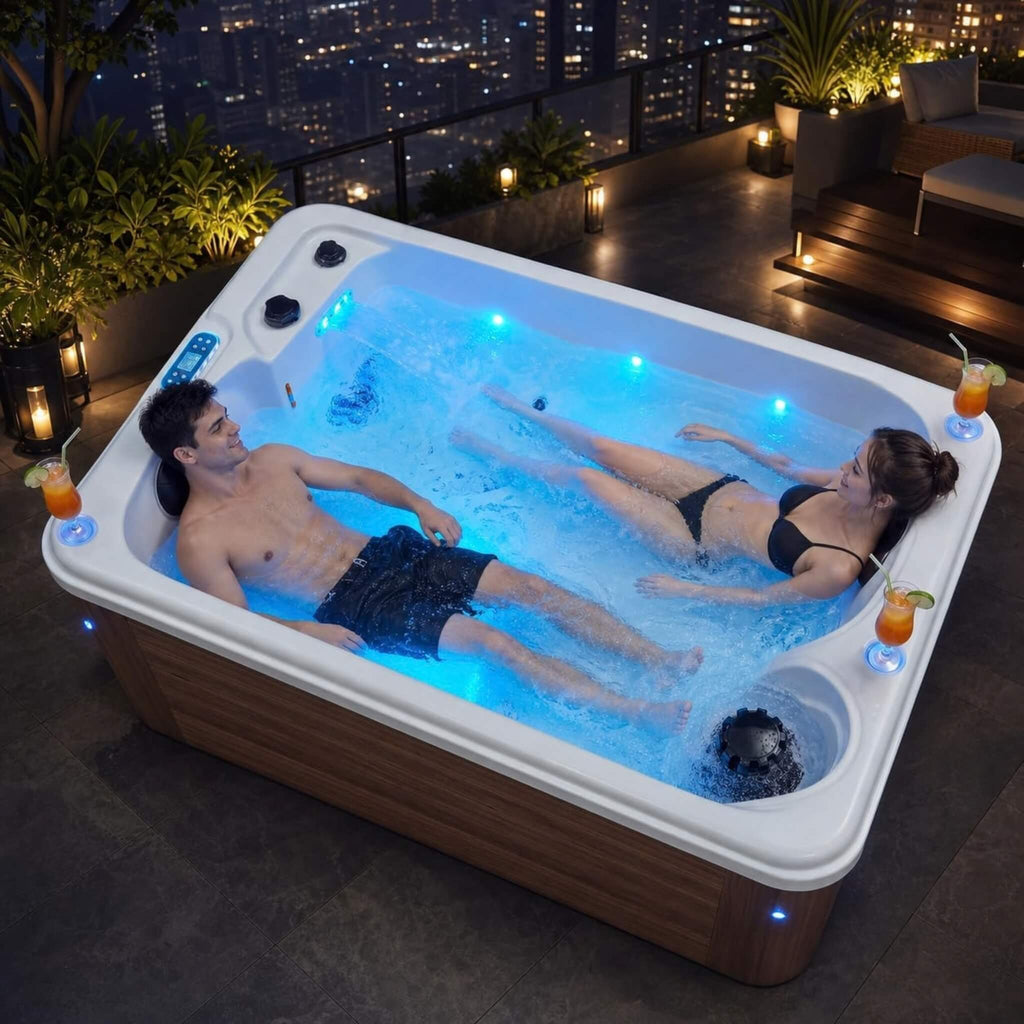 2-Person Outdoor Hot Tub With 15 Hydro Jets And LED Lights (SAK15849)  - Saksby Wholesale - Lifestyle Image With 2-Person
