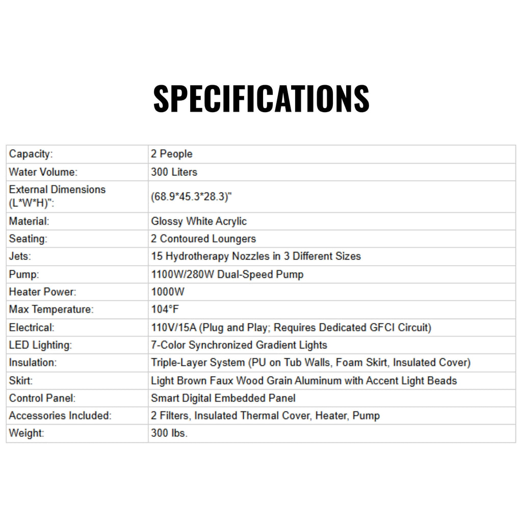 2-Person Outdoor Hot Tub With 15 Hydro Jets And LED Lights (SAK15849)  - Saksby Wholesale - Specifications