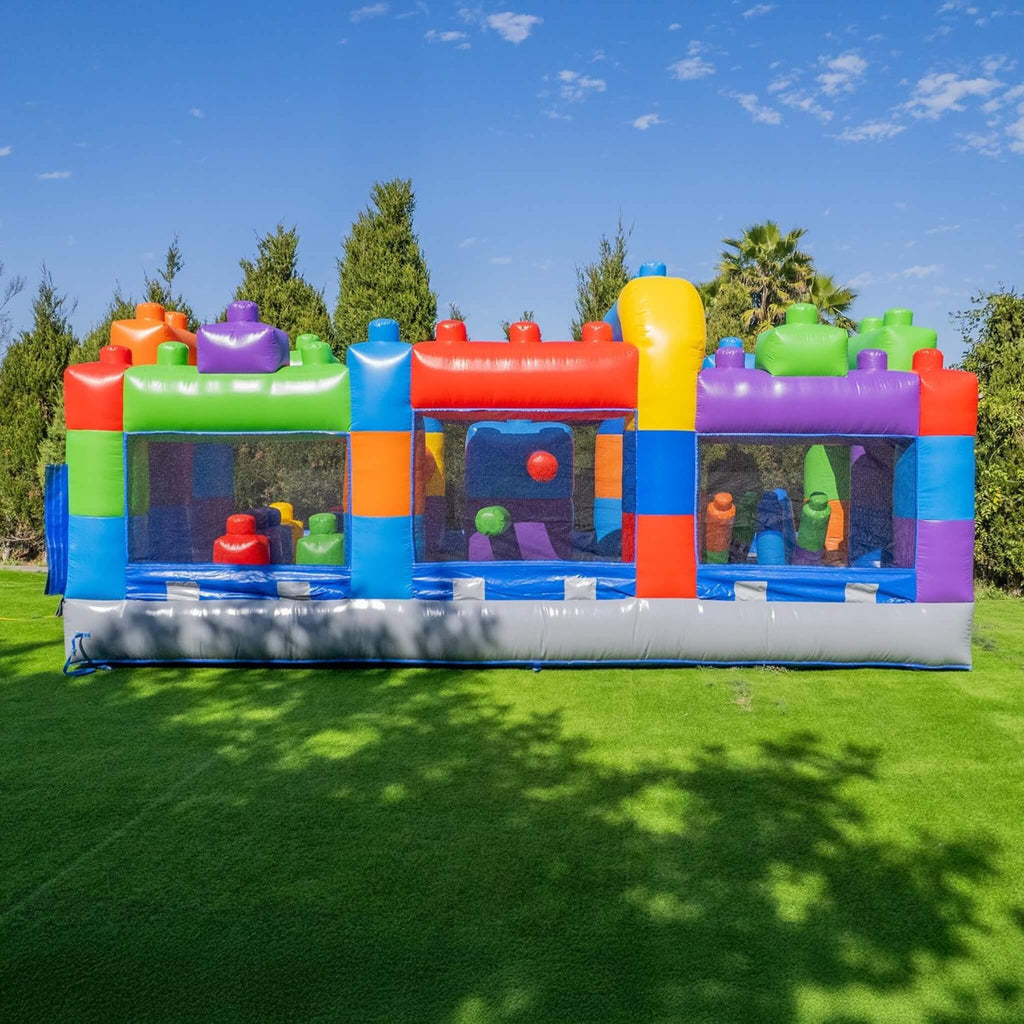 20FT Giant Multicolor Block Inflatable Obstacle Course With Large Mesh Windows (SAK75192) - Saksby Wholesale - Front View In Lifestyle Image
