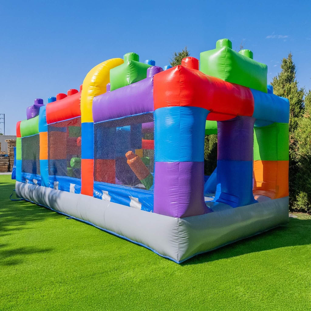 20FT Giant Multicolor Block Inflatable Obstacle Course With Large Mesh Windows (SAK75192) - Saksby Wholesale - Lifestyle Image In Outdoor Setup