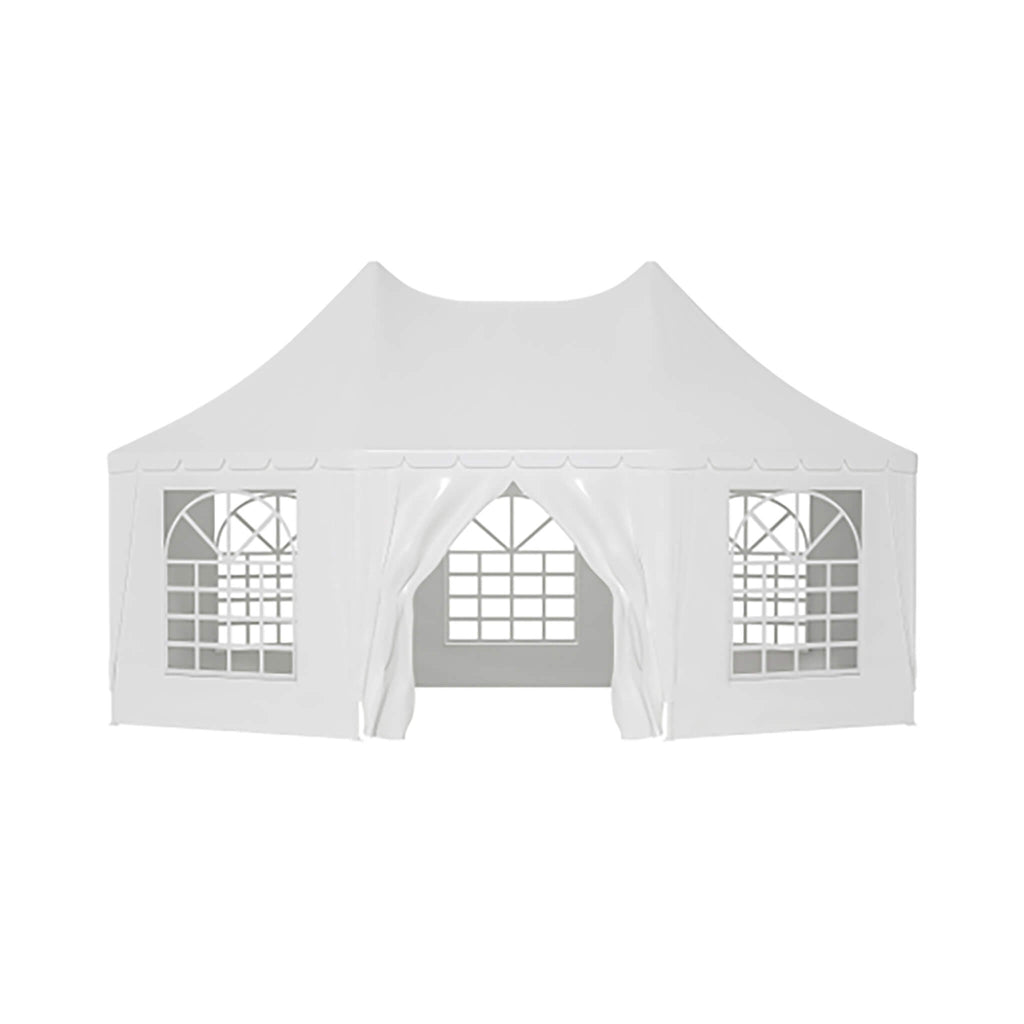 White Outdoor Canopy Tent With Windowed Side Panels On A White Background