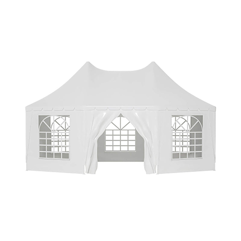 White Outdoor Canopy Tent With Windowed Side Panels On A White Background
