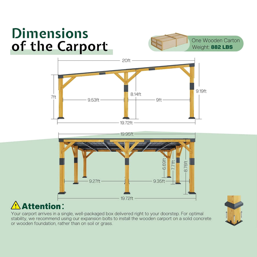 [20X20FT] Alora Heavy-Duty All-Weather Outdoor Cedar Wood Carport With Galvanized Steel Roof (SAK76145)