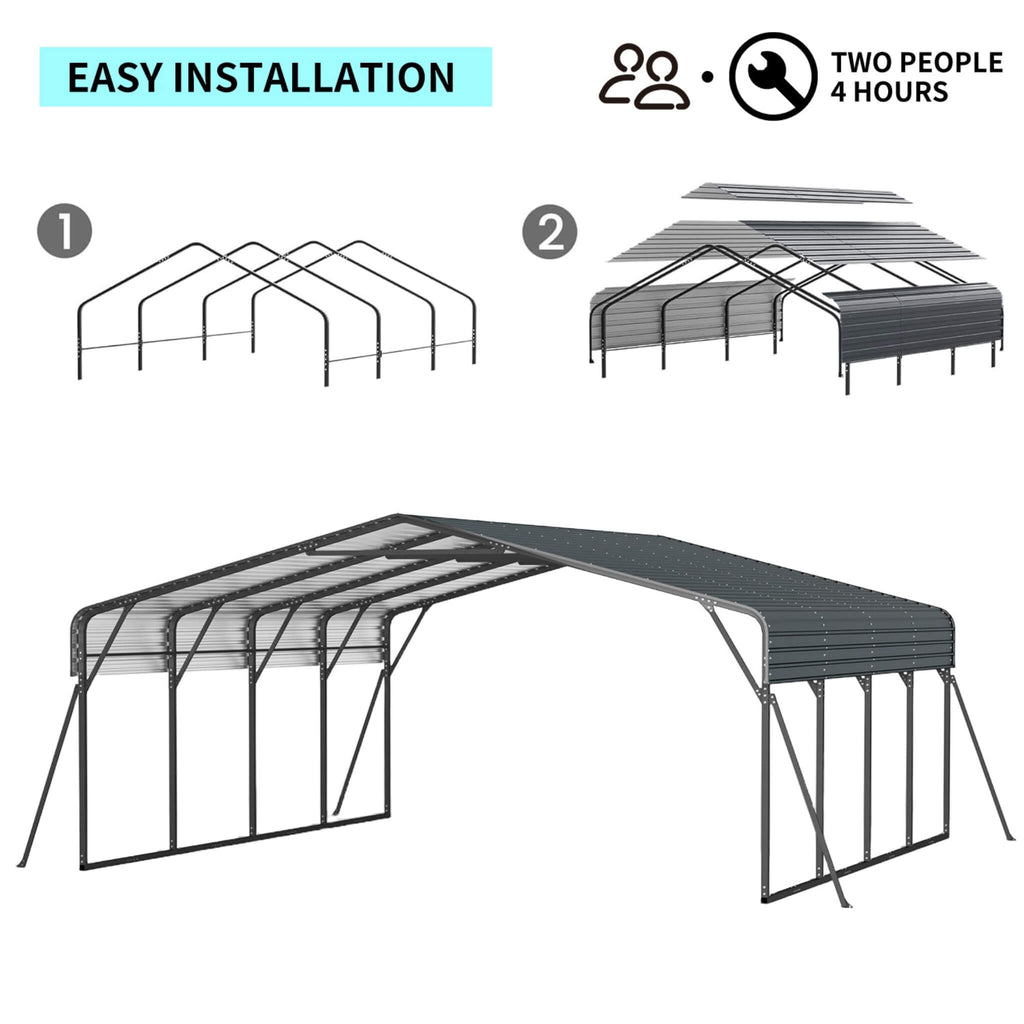 [20X20FT] Extra Large Heavy Duty Outdoor Metal Carport With Galvanized Steel Roof For Cars, Boats And Trucks (SAK75633) - Saksby Wholesale - Easy Installation