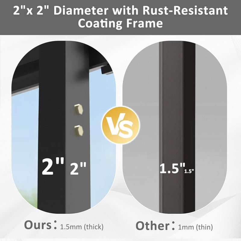 Comparison Of Two Metal Products With Text Indicating 2" X 2" Diameter With Rust-Resistant Coating Frame - Saksby Wholesale