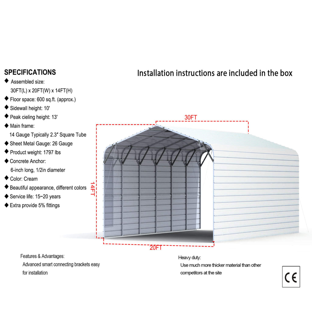 [20X30FT] Heavy-Duty Outdoor Galvanized Steel Carport (SAK21596) - Saksby Wholesale - Specifications