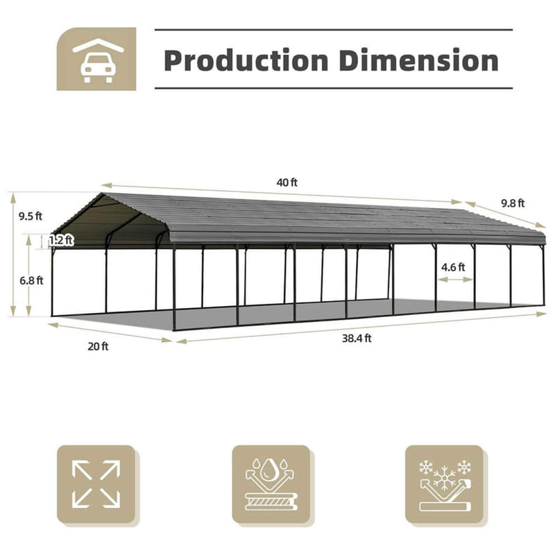 [20x40FT] Extra Large Heavy Duty Four Car Outdoor Metal Carport Canopy For Trucks, Boats And SUVs (SAK29713) SAKSBY - Dimensions View