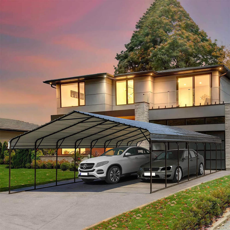 [20x40FT] Extra Large Heavy Duty Four Car Outdoor Metal Carport Canopy For Trucks, Boats And SUVs (SAK29713) SAKSBY - 2 Cars Front Left View