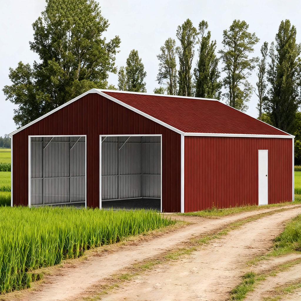 [22X23FT] Heavy-Duty Red-Brown Double Garage Steel Barn Storage Shed - Saksby Wholesale - Front Left View On Field