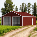 [22X23FT] Heavy-Duty Red-Brown Double Garage Steel Barn Storage Shed - Saksby Wholesale - Front Left View On Field