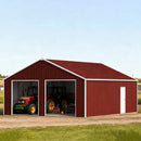 [22X23FT] Heavy-Duty Red-Brown Double Garage Steel Barn Storage Shed - Saksby Wholesale - Front Left View On Farm