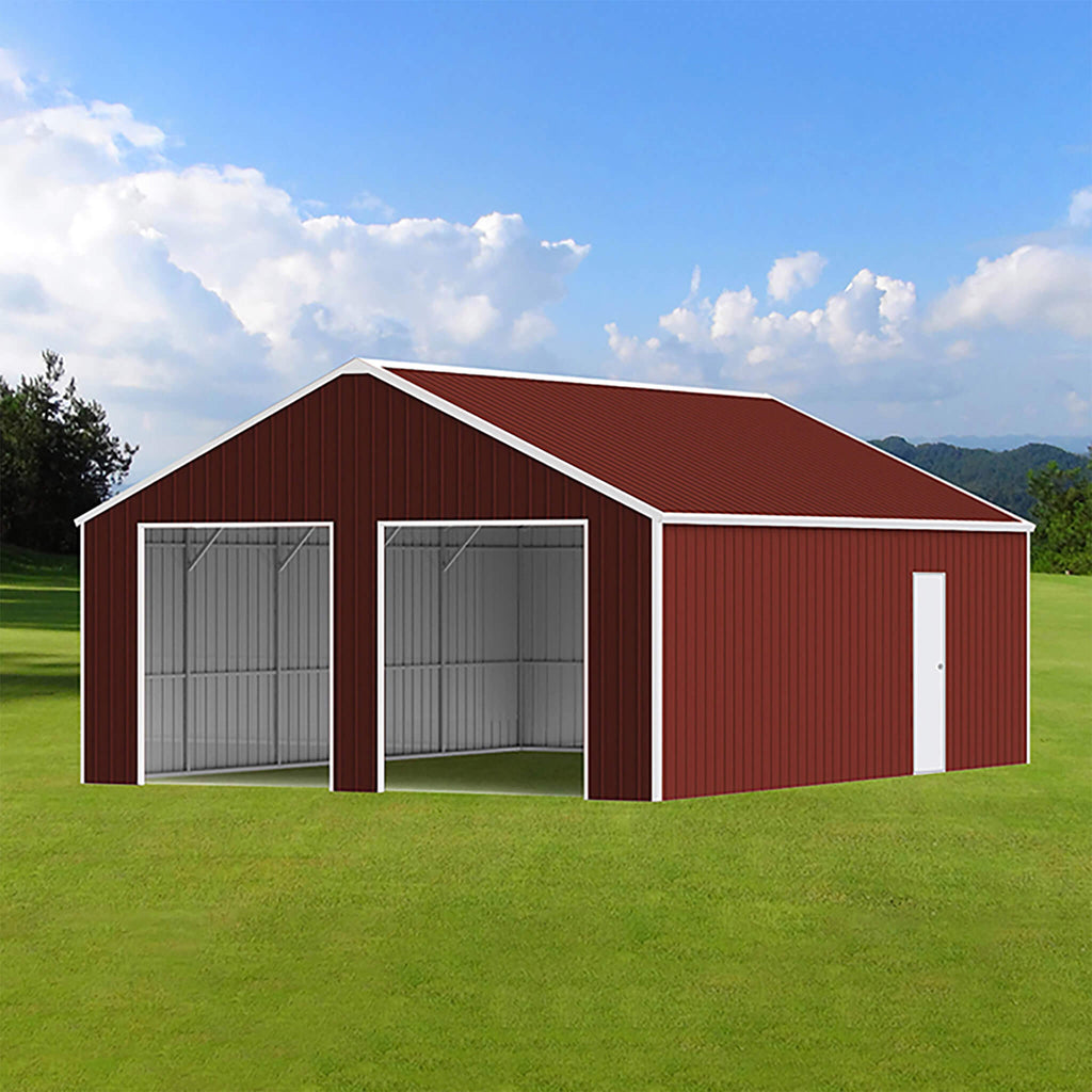 [22X23FT] Heavy-Duty Red-Brown Double Garage Steel Barn Storage Shed - Saksby Wholesale - Front Left View On Grass