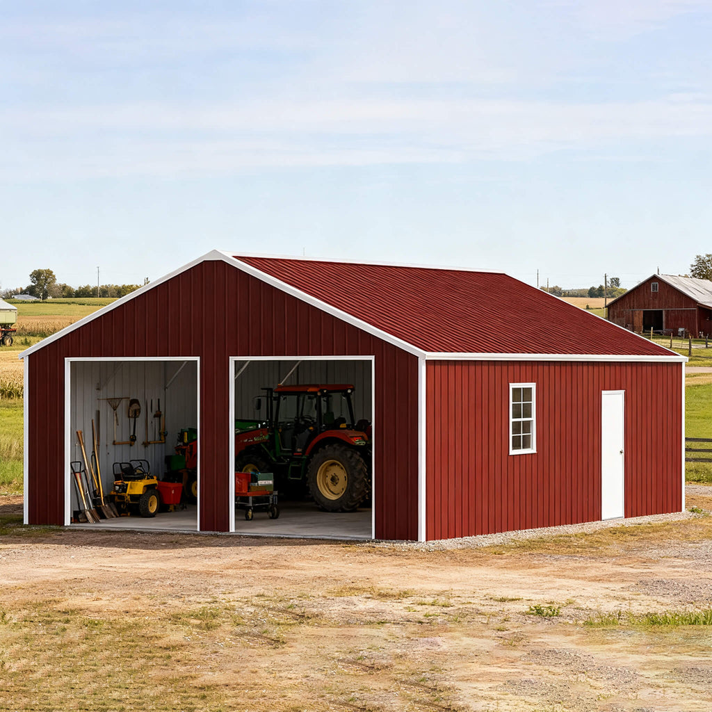 [22X23FT] Heavy-Duty Red-Brown Double Garage Steel Barn Storage Shed - Saksby Wholesale - Front Left View On Farm