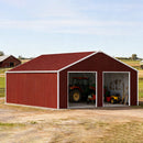 [22X23FT] Heavy-Duty Red-Brown Double Garage Steel Barn Storage Shed - Saksby Wholesale - Front Right View On Farm