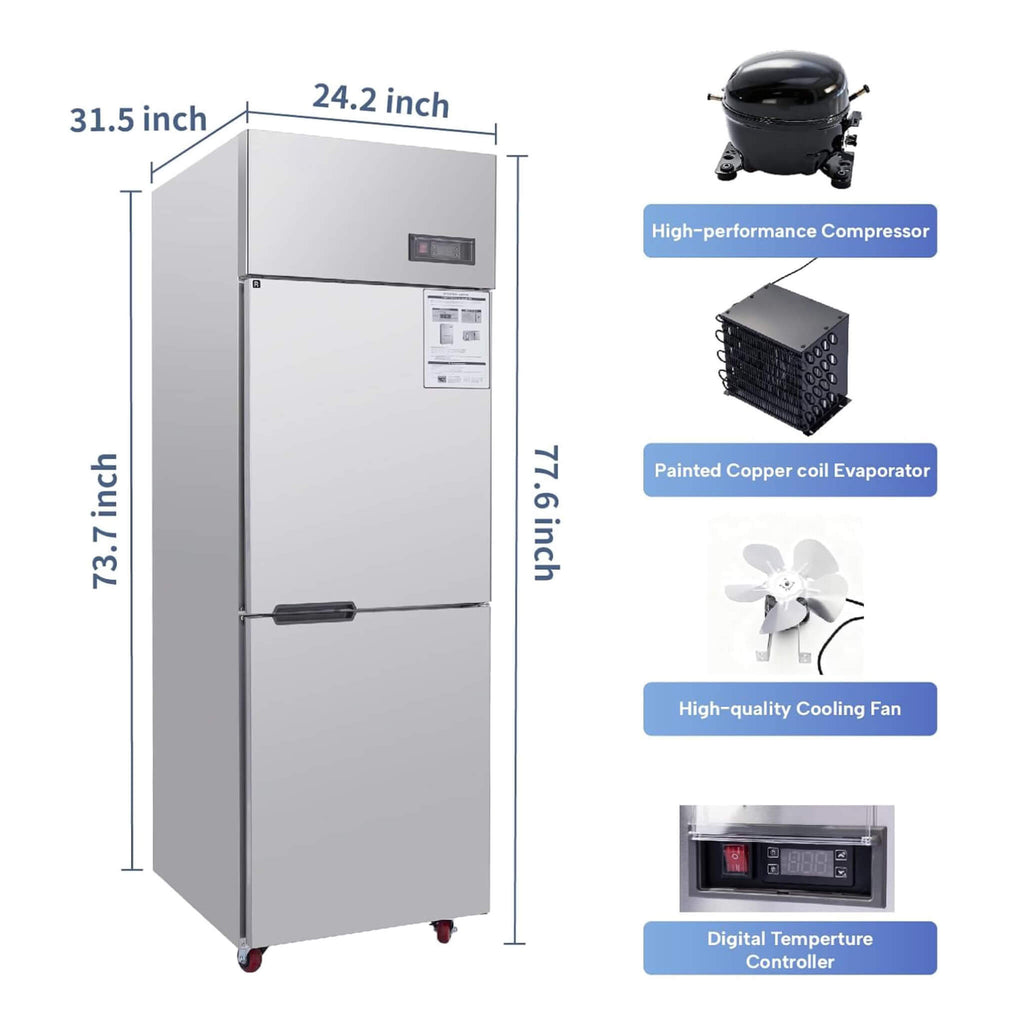 24-Inch Commercial 15 Cu.Ft Stainless Steel Reach-In Refrigerator With Two Split Doors (SAK67230) - Saksby Wholesale - Dimensions View