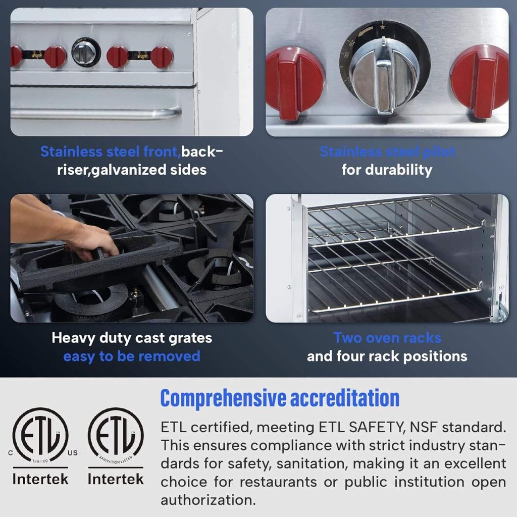 24-Inch Commercial 151K BTU 4-Burner Stainless Steel Freestanding Gas Range (SAK70931) - Saksby Wholesale - Features And Guarantees