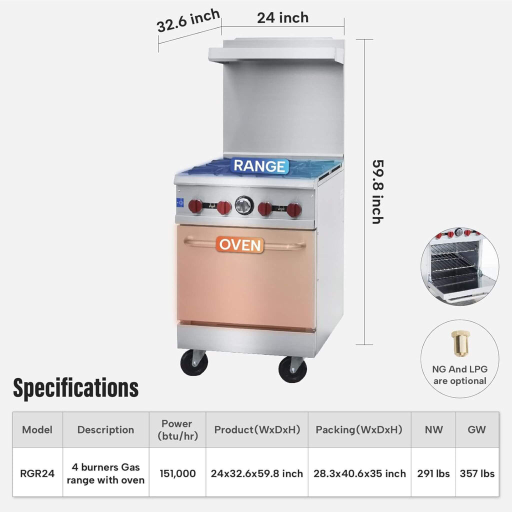 24-Inch Commercial 151K BTU 4-Burner Stainless Steel Freestanding Gas Range (SAK70931) - Saksby Wholesale - Specification Details