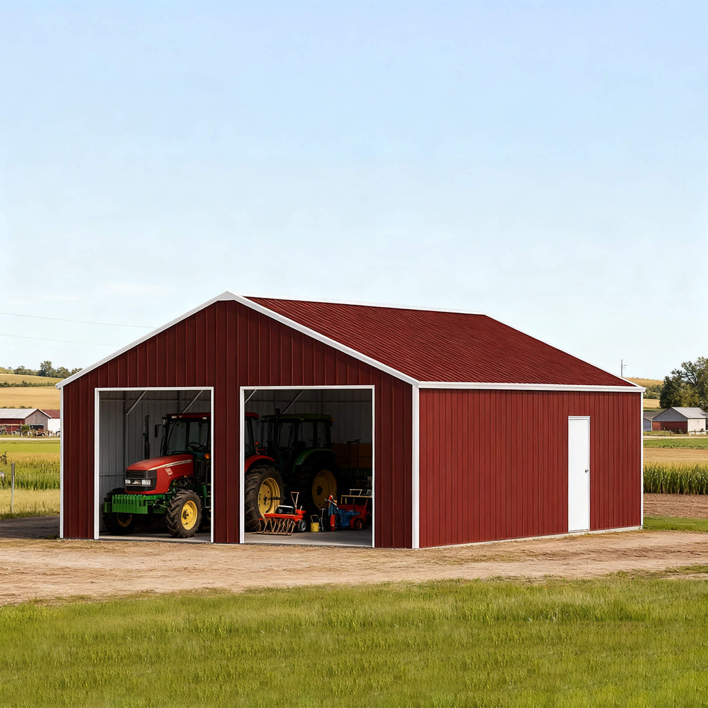 [25X33FT] Heavy-Duty Dual-Door Galvanized Steel Storage Shed - Saksby Wholesale - Front Left View On Farm