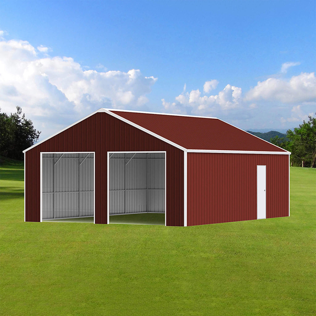 [25X33FT] Heavy-Duty Dual-Door Galvanized Steel Storage Shed - Saksby Wholesale - Front Left View On Grass