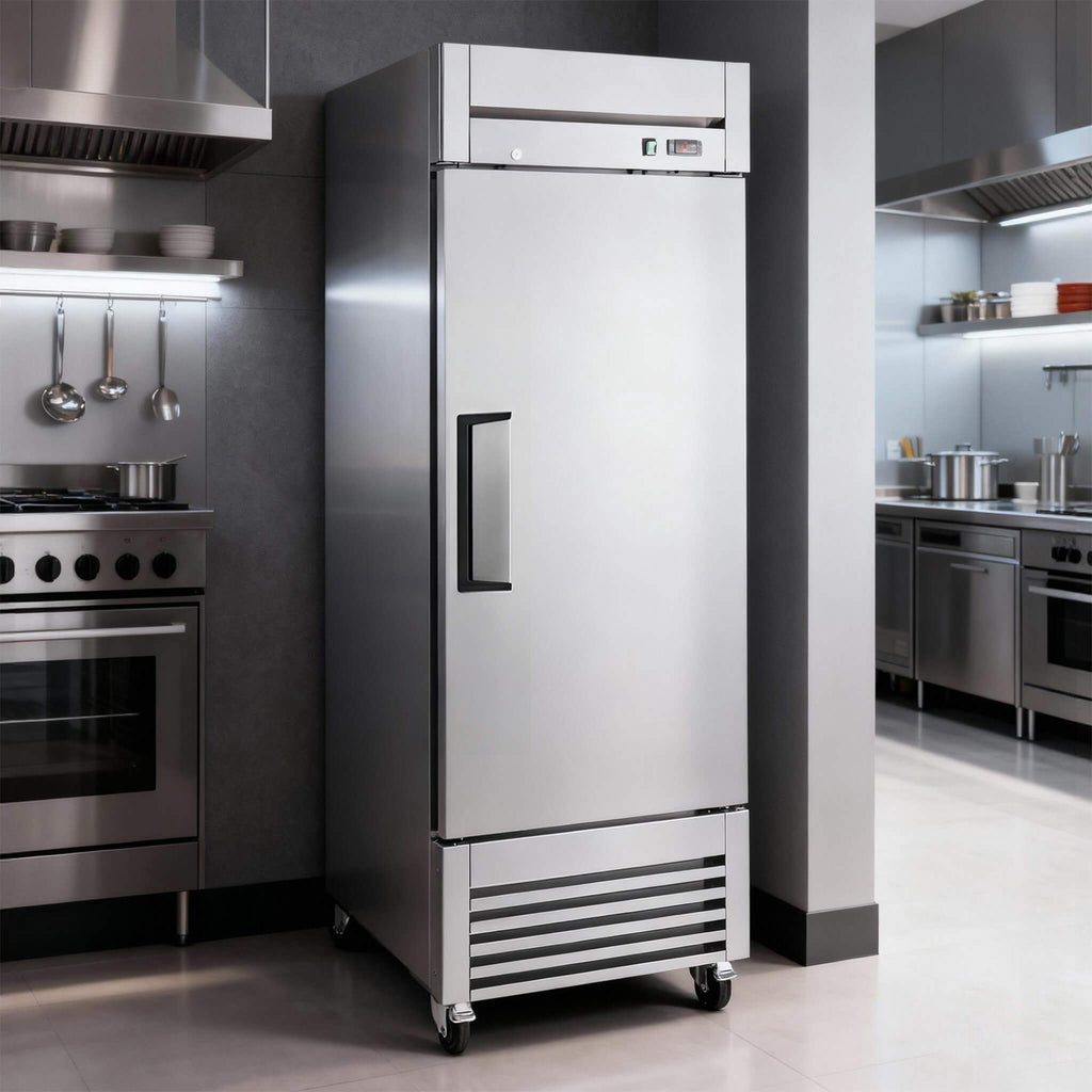 27-Inch 20.5 Cu.Ft Commercial Solid Door Stainless Steel Reach-In Freezer (SAK29705) - Saksby Wholesale - Lifestyle Front Right View In Kitchen Close Up