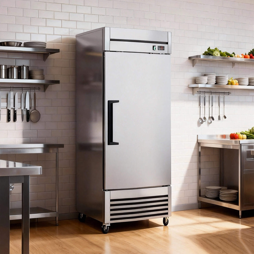 27-Inch 20.5 Cu.Ft Commercial Solid Door Stainless Steel Reach-In Freezer (SAK29705) - Saksby Wholesale - Lifestyle Front Right View In Kitchen