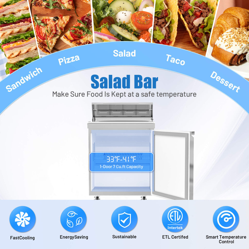 27 Inch 7.4 Cu.Ft Commercial Stainless Steel Sandwich Salad Prep Table Refrigerator (SAK84120) - Saksby Wholesale - Features View