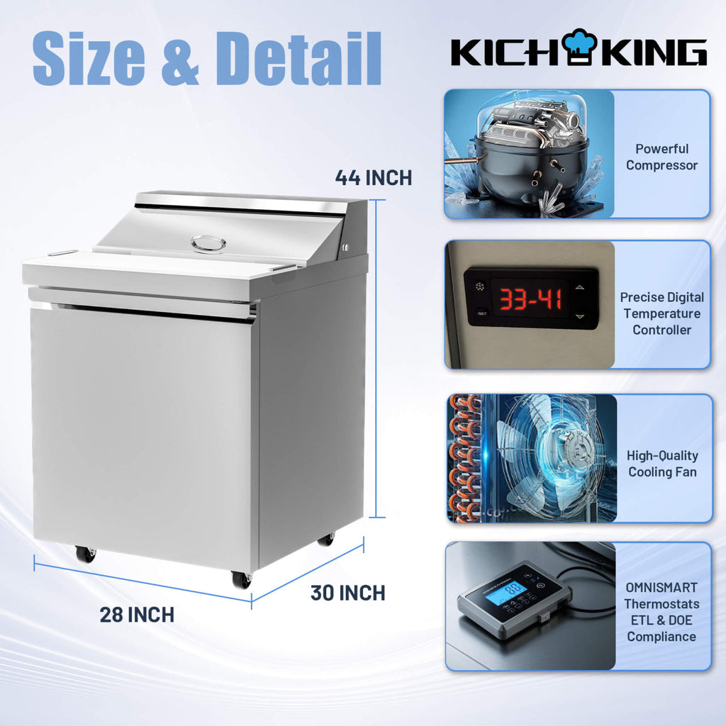 27 Inch 7.4 Cu.Ft Commercial Stainless Steel Sandwich Salad Prep Table Refrigerator (SAK84120) - Saksby Wholesale - Size and Detail View