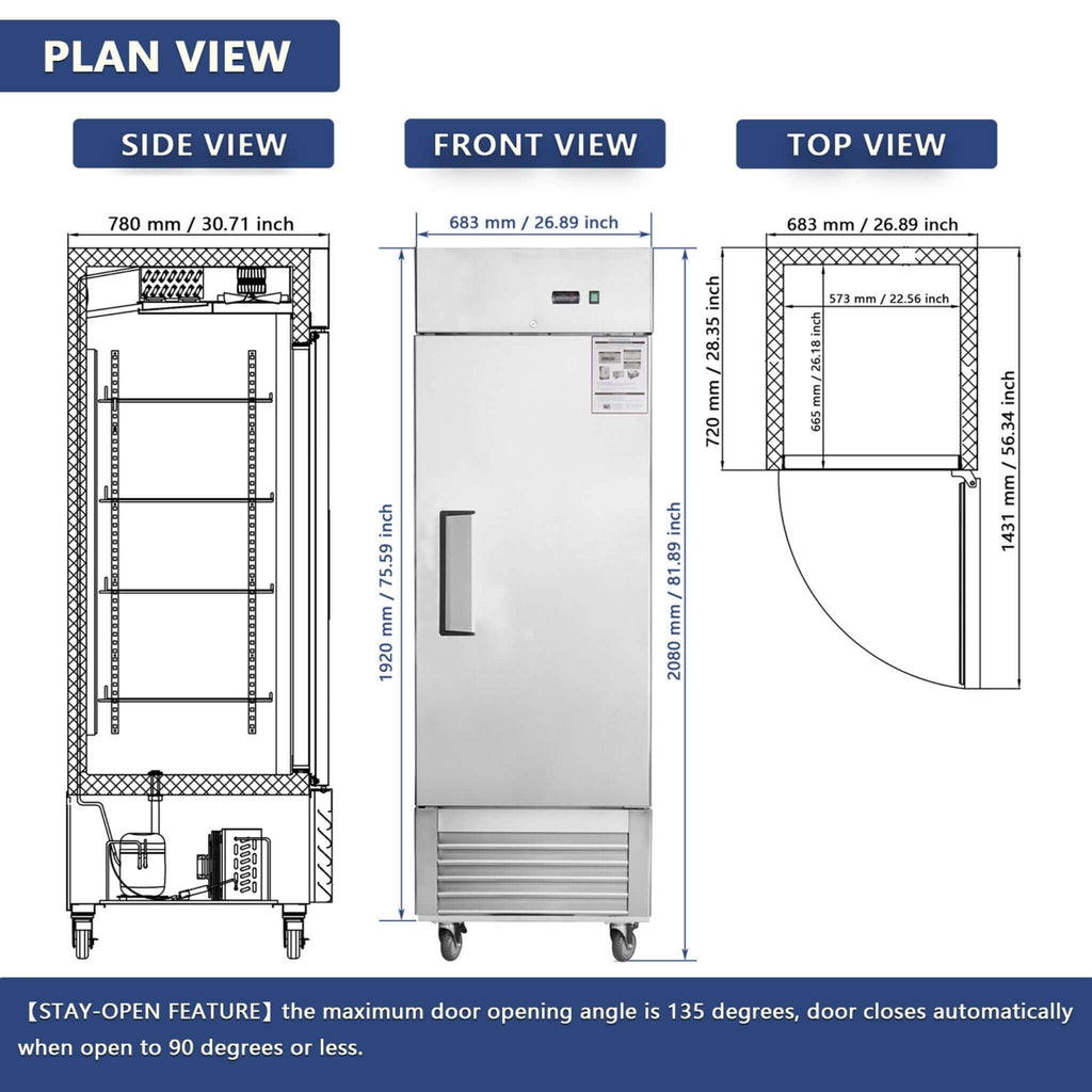 27 Inch 8.7 Cu.Ft Commercial Upright Stainless Steel Reach-In Freezer (SAK43815) - Saksby Wholesale - Plan View
