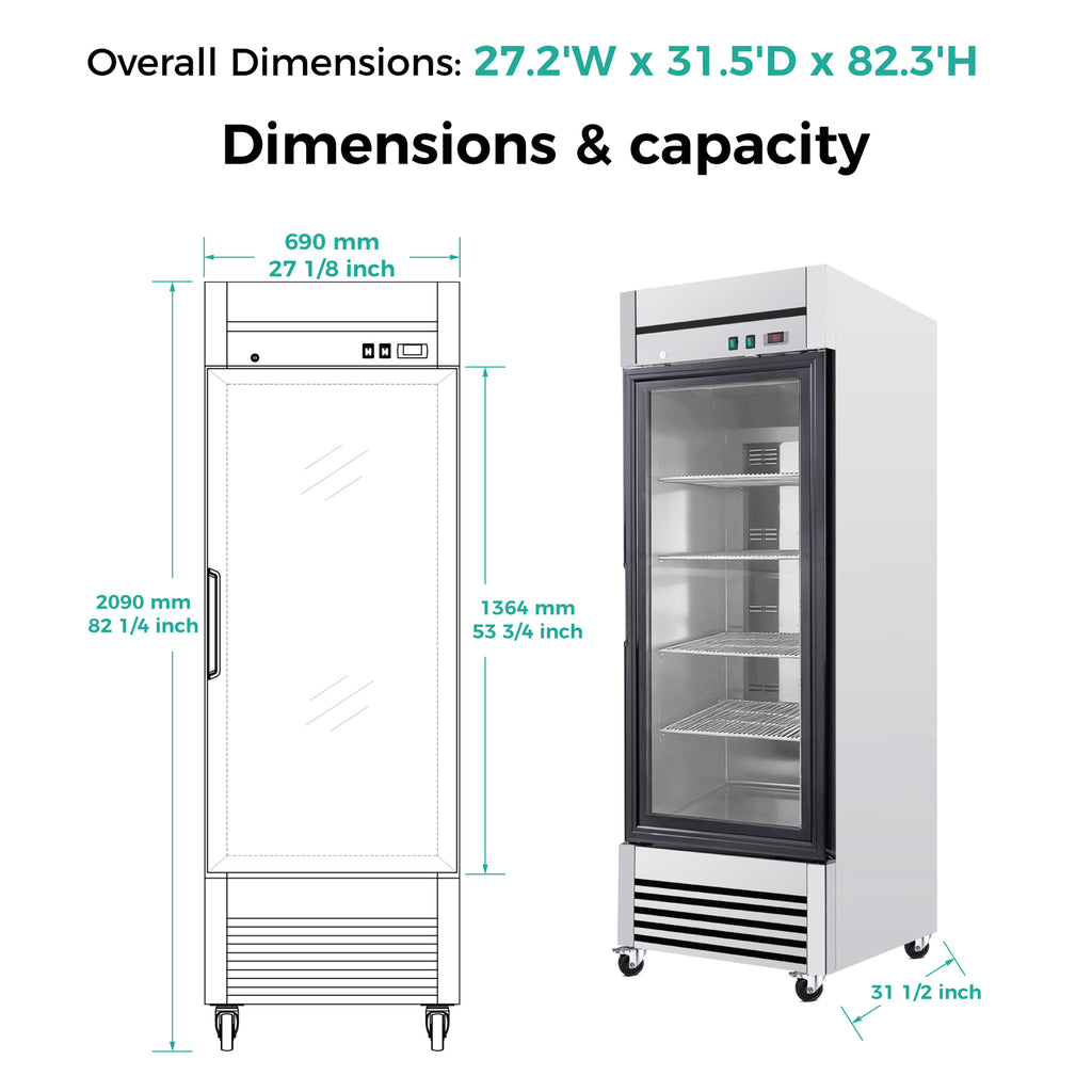 27-Inch Commercial Single Glass Door Reach-In Display Refrigerator (SAK30864) - Saksby Wholesale - Dimensions