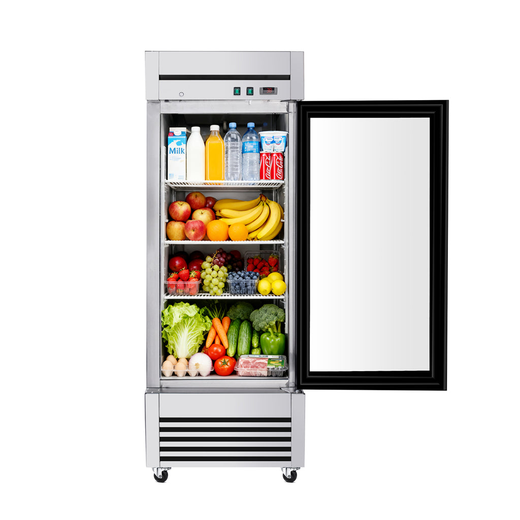 27-Inch Commercial Single Glass Door Reach-In Display Refrigerator (SAK30864) - Saksby Wholesale - Front View With Food Inside And Door Opened