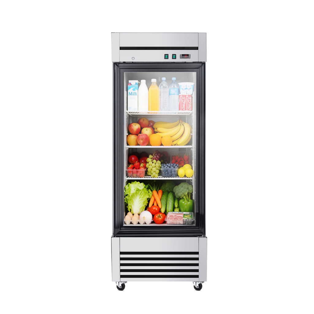 27-Inch Commercial Single Glass Door Reach-In Display Refrigerator (SAK30864) - Saksby Wholesale - Front View With Food Inside