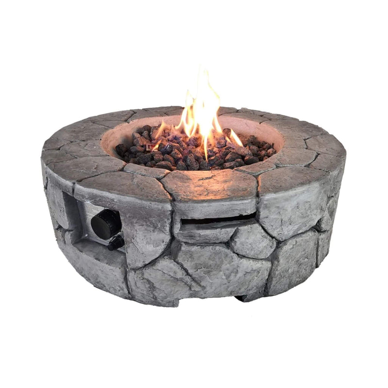28-Inch Stone Gray Outdoor Fiber Reinforced Concrete Propane Fire Pit (SAK16725) - Saksby Wholesale - Front View On-Fire