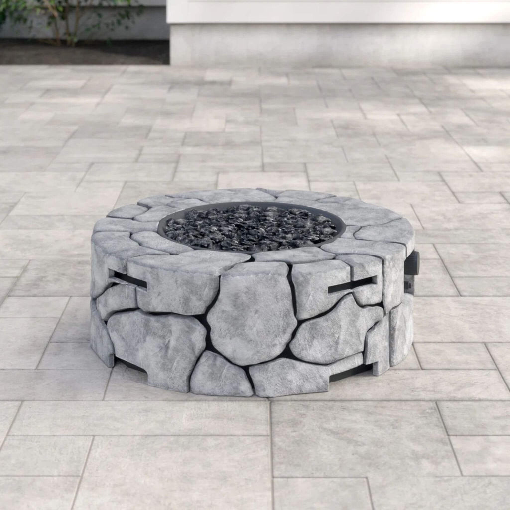 28-Inch Stone Gray Outdoor Fiber Reinforced Concrete Propane Fire Pit (SAK16725) - Saksby Wholesale - Lifestyle Image