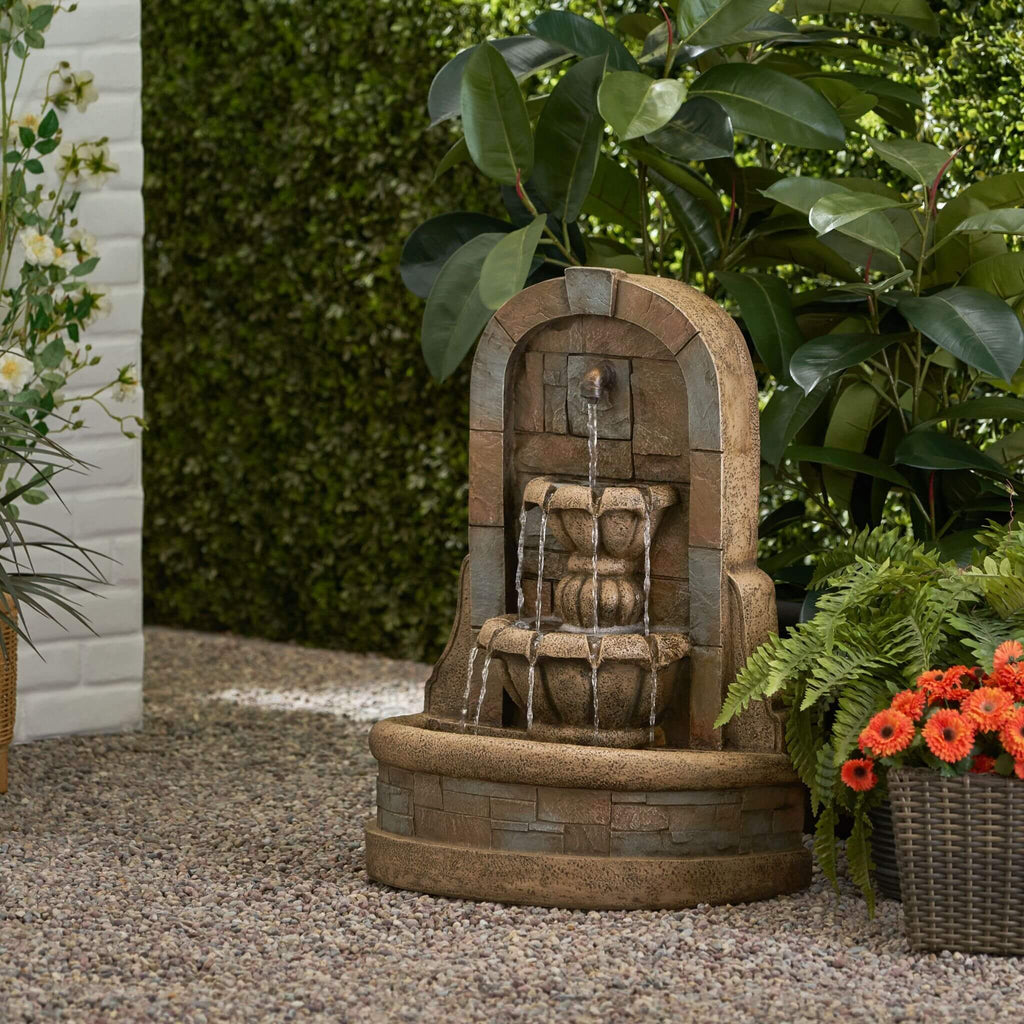 29 Inch Tall Outdoor Weather-Resistant Faux Stone Floor Fountain (SAK63421) - Saksby Wholesale - Side View Lifestyle