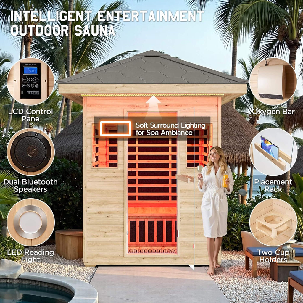 3-Person Low EMF Spruce Wood Infrared Sauna With Bluetooth Speakers And LED Lights (SAK59047) - Saksby Wholesale - Entertainment System
