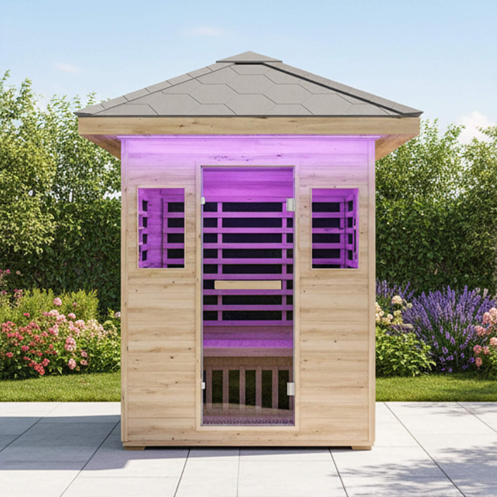 3-Person Low EMF Spruce Wood Infrared Sauna With Bluetooth Speakers And LED Lights (SAK59047) - Saksby Wholesale - Lifestyle Front View In Garden