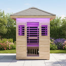 3-Person Low EMF Spruce Wood Infrared Sauna With Bluetooth Speakers And LED Lights (SAK59047) - Saksby Wholesale - Lifestyle Front View In Garden